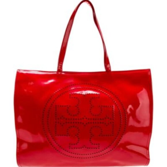 Tory Burch Ella Red Patent Leather Canvas Monogram Large Bag Tote Gold MINT - Picture 13 of 13
